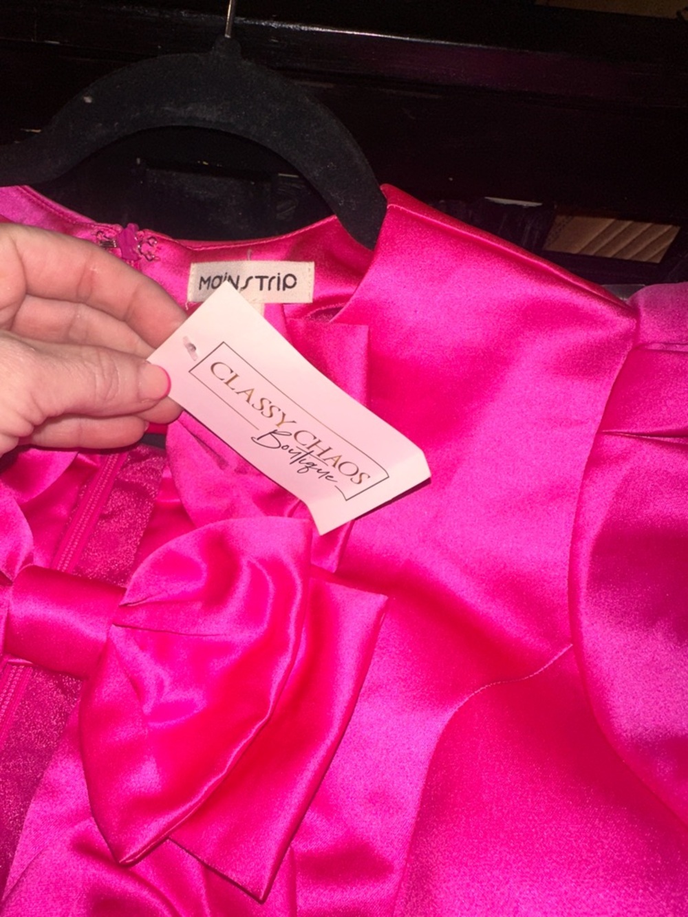 NWT Main Strip Size Medium Womens Hot Pink Puff Sleeve Bow-Accent Mini Dress - Picture 9 of 11